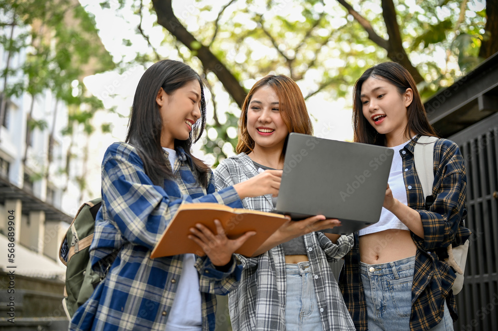 Group of smiling Asian female college students talking on their school project, using laptop. Group of smiling Asian female college students talking on their school project, using laptop.