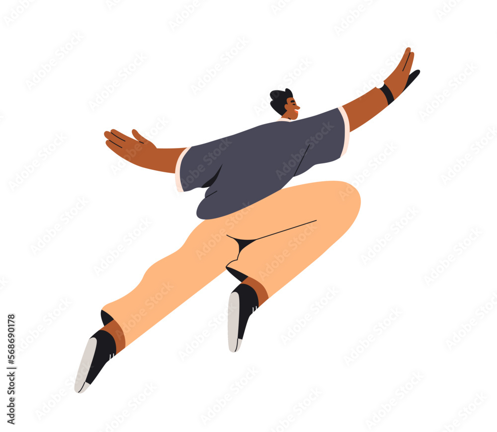 Fototapeta premium Happy young black man flying, jumping up with joy. Excited joyful free character floating in air. Freedom, pleasure, ease concept. Flat graphic vector illustration isolated on white background