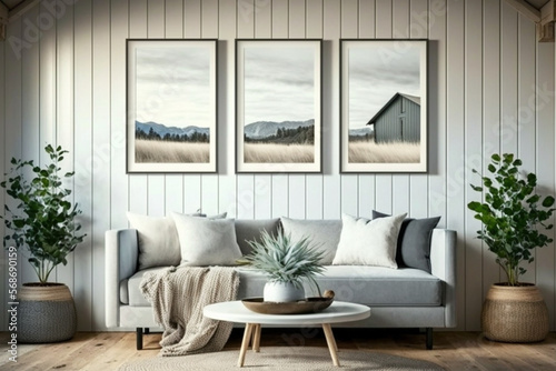Mockup three  frame in farmhouse living room interior, Generative AI © ROYALE