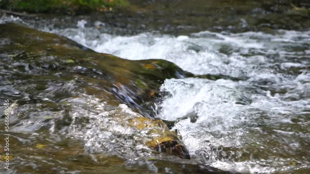 Slow motion closeup of a rushing stream, swift flow of spring water with some autumn colourful leaves in the water. Grey big stones, fallen autumnal leaves. Waterfall at fall. Nature's landscape. Slow motion closeup of a rushing stream, swift flow of spring water with some autumn colourful leaves in the water. Grey big stones, fallen autumnal leaves. Waterfall at fall. Nature's landscape.
