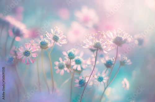 Soft blur spring floral background in pastel colors. Flowers in spring in nature close-up macro. Generative AI.