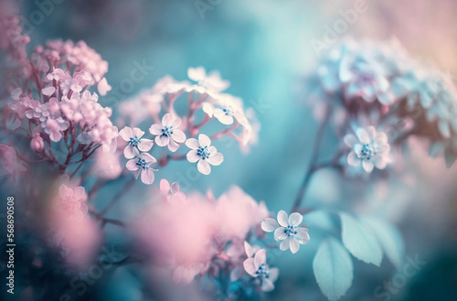Soft blur spring floral background in pastel colors. Flowers in spring in nature close-up macro. Generative AI.