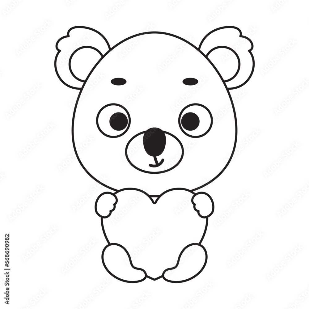 Fototapeta premium Coloring page cute little koala holds heart. Coloring book for kids. Educational activity for preschool years kids and toddlers with cute animal. Vector stock illustration