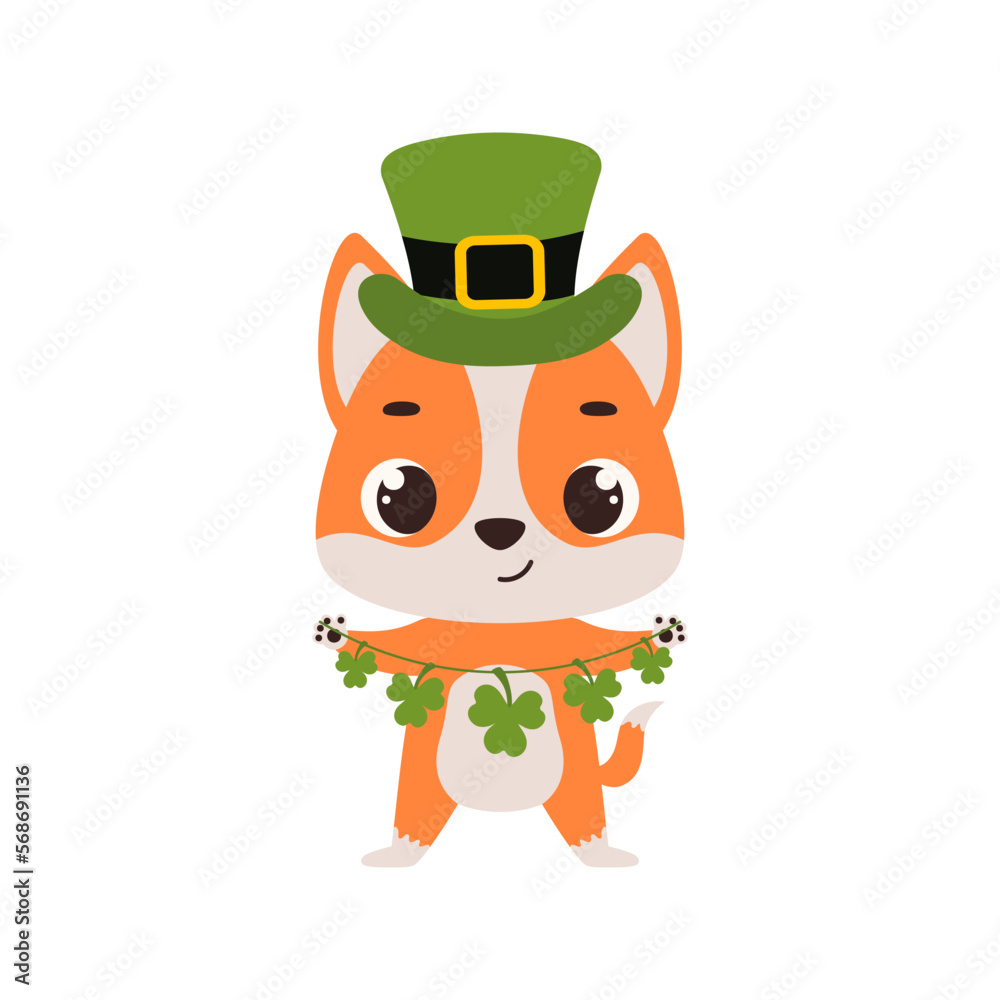 Cute dog in green leprechaun hat with clover. Irish holiday folklore theme. Cartoon design for cards, decor, shirt, invitation. Vector stock illustration Cute dog in green leprechaun hat with clover. Irish holiday folklore theme. Cartoon design for cards, decor, shirt, invitation. Vector stock illustration