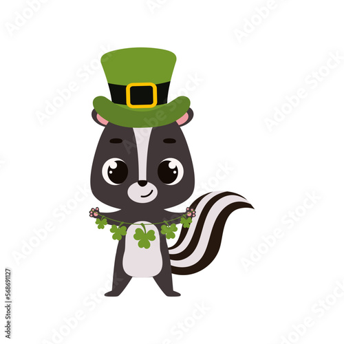 Cute skunk in green leprechaun hat with clover. Irish holiday folklore theme. Cartoon design for cards, decor, shirt, invitation. Vector stock illustration