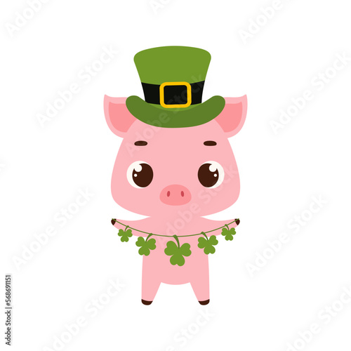 Cute pig in green leprechaun hat with clover. Irish holiday folklore theme. Cartoon design for cards, decor, shirt, invitation. Vector stock illustration