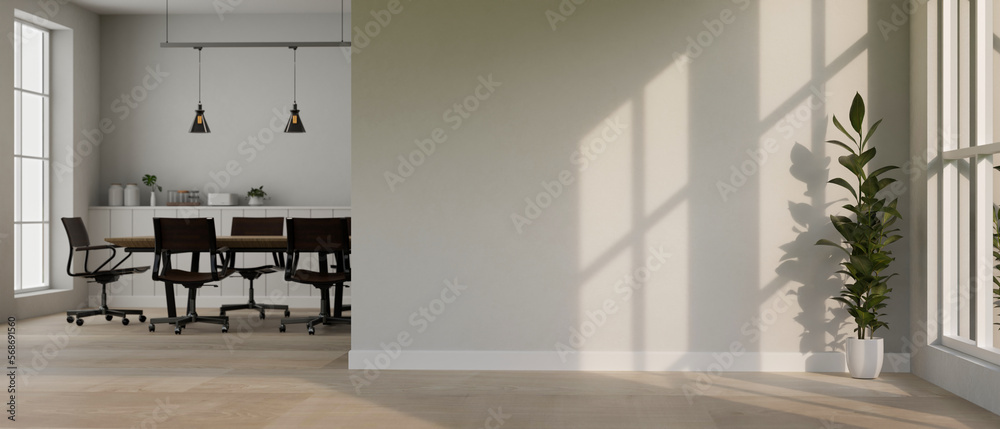 Minimalist bright office room interior design, meeting room and empty