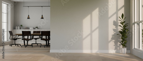 Minimalist bright office room interior design  meeting room and empty white wall mockup