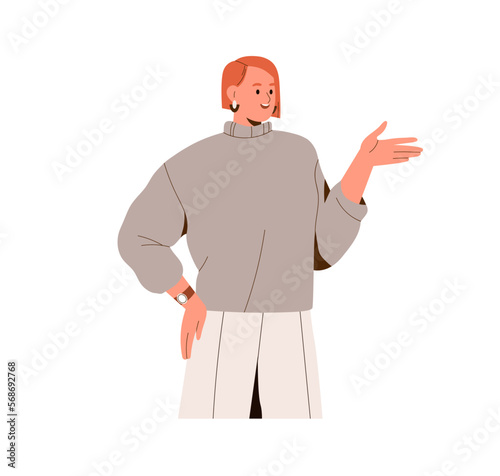 Happy woman speaking, explaining, gesturing with hand. Smiling business girl talking, telling, informing and reporting information. Flat graphic vector illustration isolated on white background