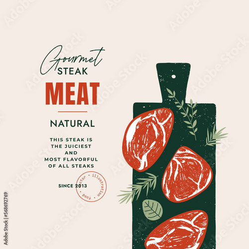 Fresh meat on the cutting board. Food design template. 