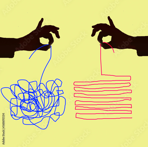 Illustration of blue tangled string and red orderly string held by two different hands
