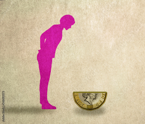 Illustration of woman looking at halved Pound coin symbolizing increasing inflation photo