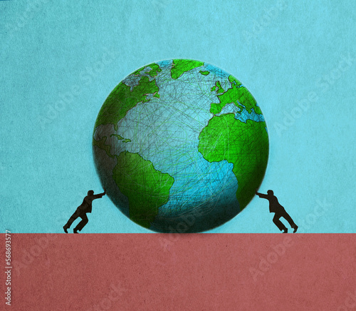 Illustration of two men pushing planet Earth against each other photo