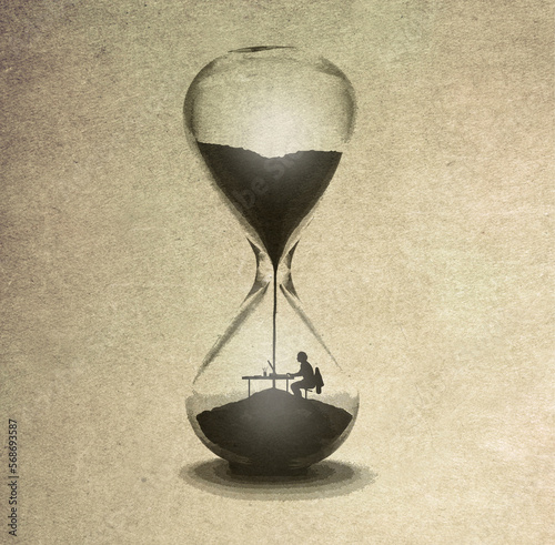 Illustration of person working inside hourglass symbolizing approaching deadline