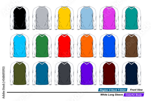 Raglan v-neck t-shirt  front view  white long sleeve  colorful body