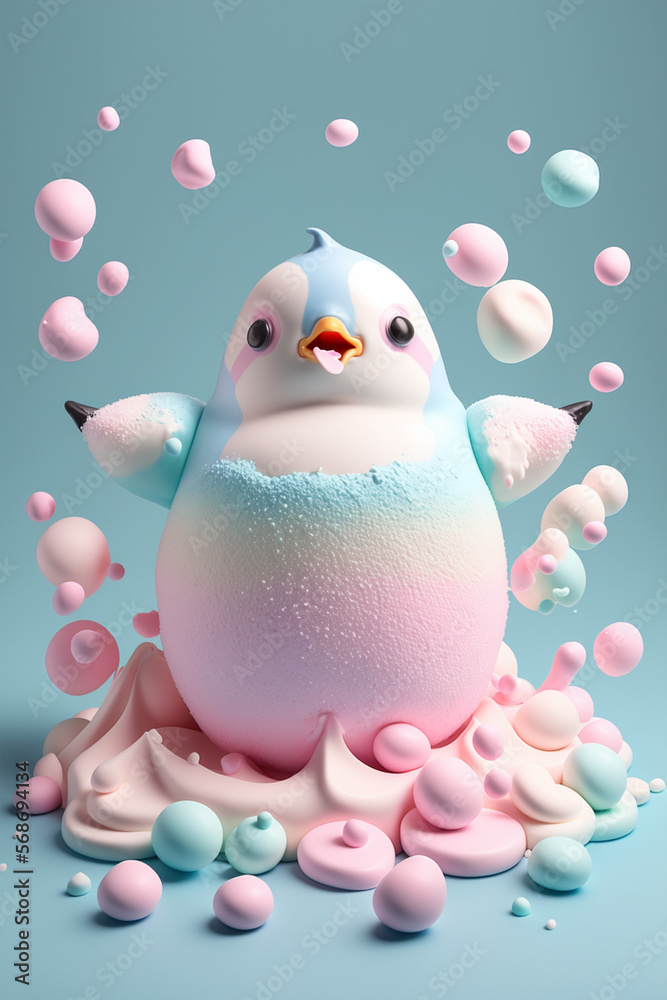 Obraz premium Realistic AI art animals. Pinguin in pastel rainbow colors. Marshmellow texture.