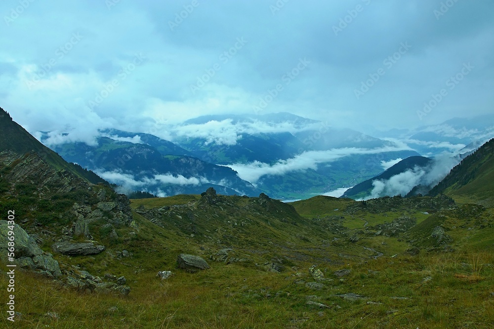 Austrian Alps - view from the footpath from the Edelhütte hut to the upper station of the Ahornbahn cable car