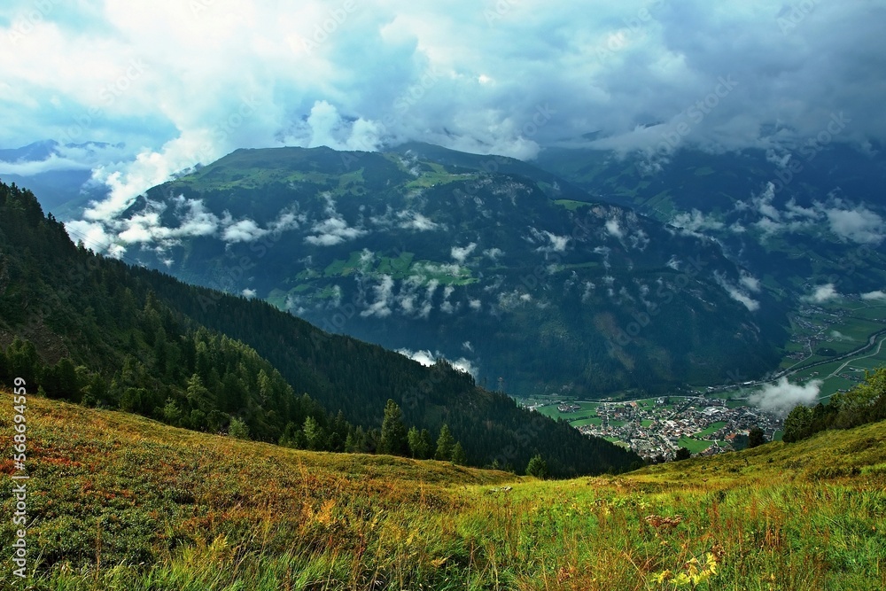 Austrian Alps - view of Mayrhofen in the Zillertal valley from the footpath at the upper station of the Ahornbahn cable car