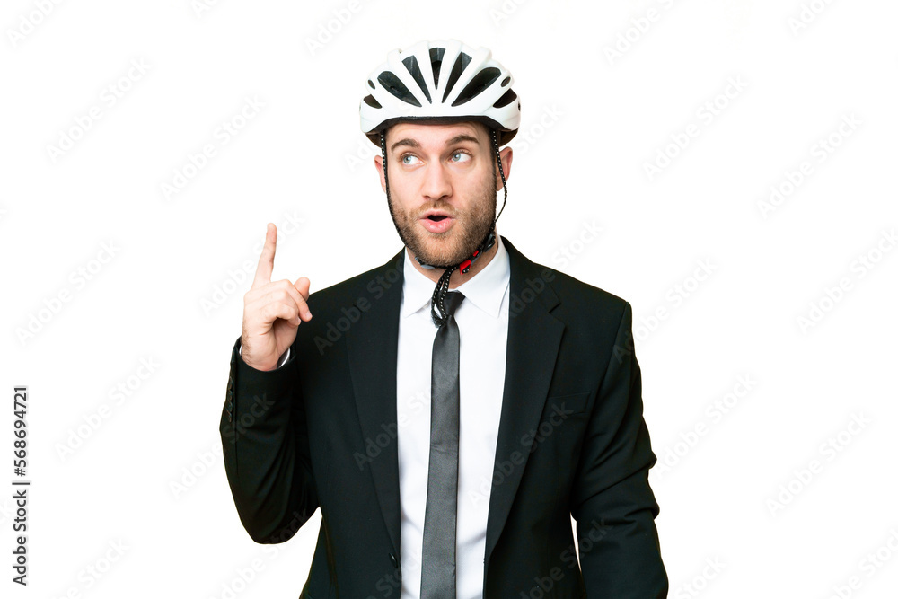 Business person with a bike helmet over isolated chroma key background thinking an idea pointing the finger up Business person with a bike helmet over isolated chroma key background thinking an idea pointing the finger up