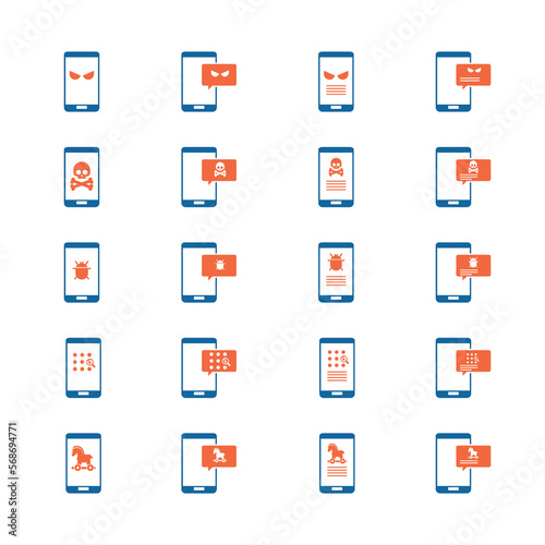 Malware notification on mobile phone. Virus, malware, email fraud, e-mail spam, phishing scam, hacker attack concept. Vector illustration. Icons set. 