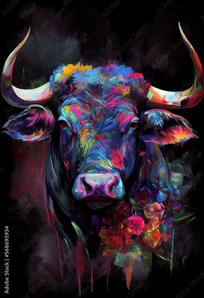 Fototapeta premium Majestic bull, colorful portrait, oil painting. Generative art