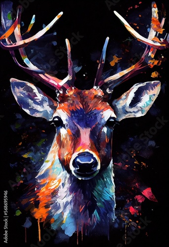 Majestic deer, colorful portrait, oil painting. Generative art
