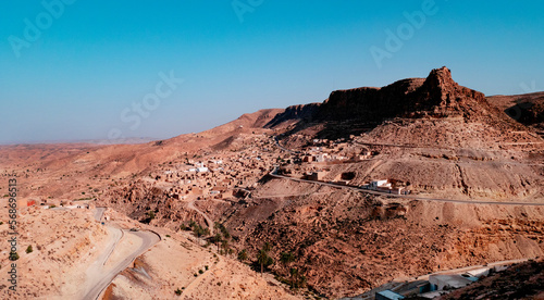 Tunisia, Tataouine, Chenini, Panoramic view of desert village photo