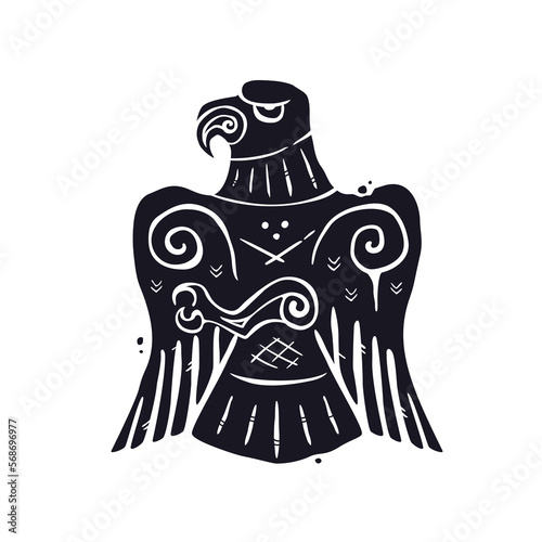 Black bird like falcon, hawk or eagle decorated with ornaments, runes and patterns vector illustration. Ancient history art in scandinavian, nordic, scythian or slavic animal style. photo