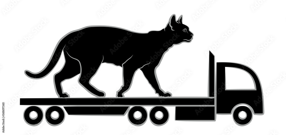 A logo with silhouette of black cat and truck. A logo with silhouette of black cat and truck.
