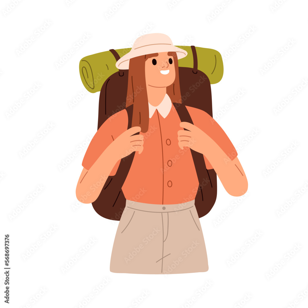 Vecteur Stock Woman tourist with big bag, backpack. Female traveler