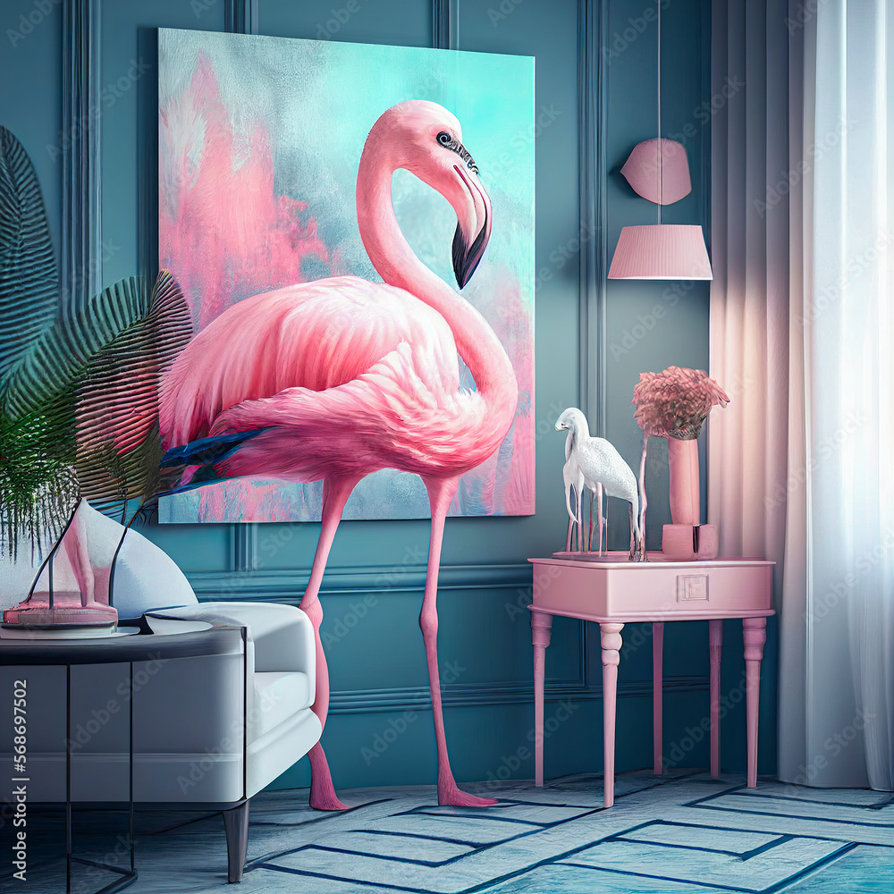 Abstract creative animal concept of a flamingo posing as a man in  apartment, a vintage, style room design. Pink tropical flamingo with  furniture. Illustration, Generative AI. Stock Illustration | Adobe Stock