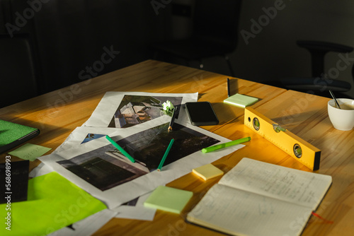 Several objects on table in architect's office photo