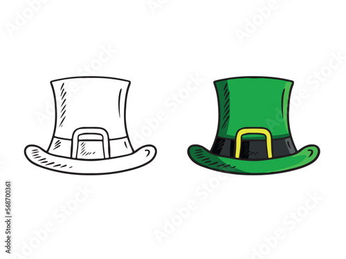 Green leprechaun hat with black belt and golden buckle on white. Hand drawn vector sketch illustration in doodle engraved vintage outline style. Saint PAtrick's day, lucky, costume, style, holiday.
