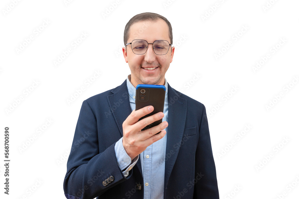 Young business man using smartphone on white background in studio. Young business man using smartphone on white background in studio.