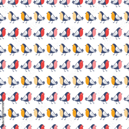 Little pink, red and yellow birds seamless pattern. Bullfinches and titmouse on white background