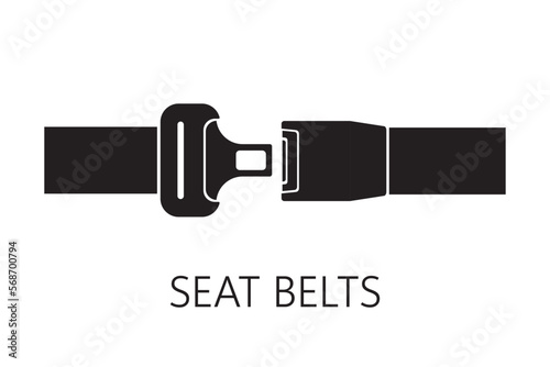 Passenger seat belt, black silhouette isolated on white background. Fasten your seatbelt, warning banner. Monochromatic poster with rule of safety traffic for driver.
