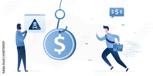 Smart hacker uses financial bait for stupid user to steal money. Male scammer wants to deceive businessman. Crimes in technological and financial sphere. Dollar coin on hook.