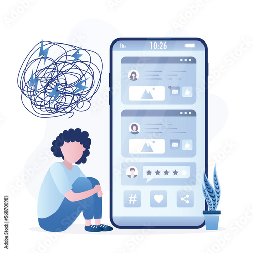 Sad girl teenager sits under psychological pressure near smartphone. Social network addiction. Teen with messy chaos in head. Cyberbullying and abuse in social media.
