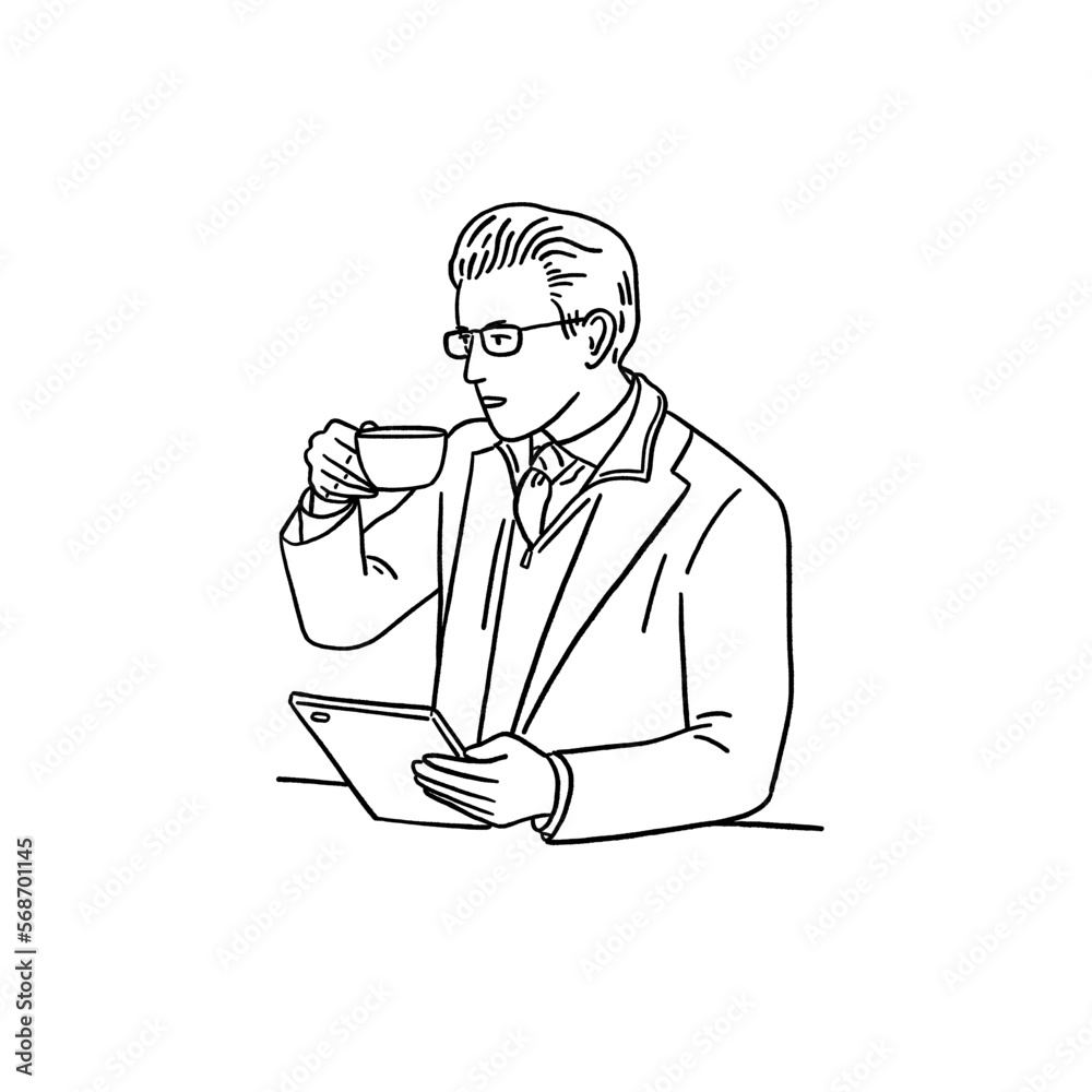 Man drinking coffee People lifestyle Hand drawn line art Illustration