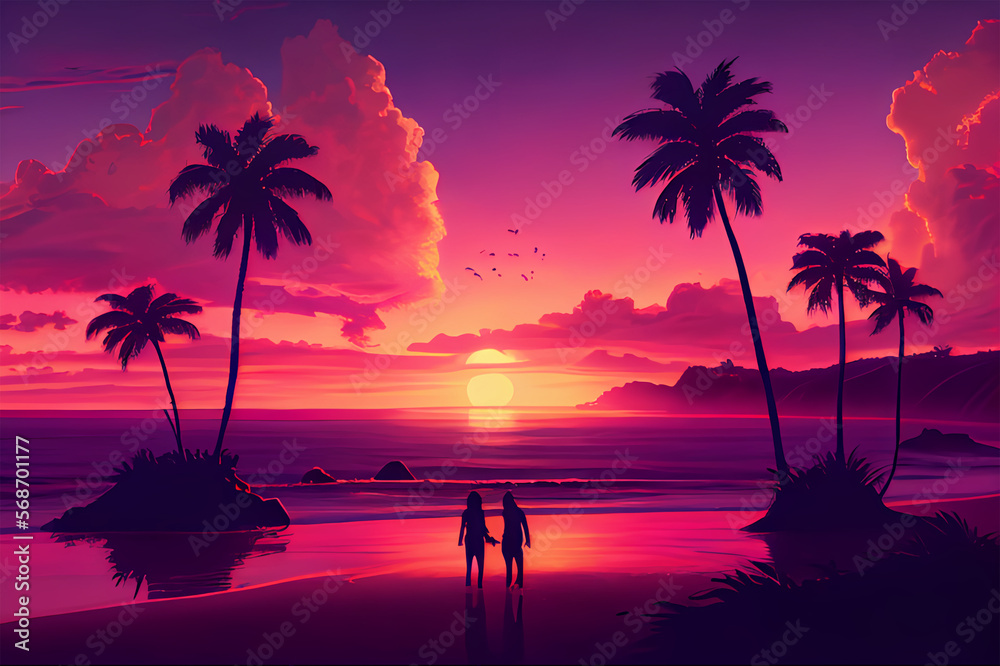 tropical sunset with trees couple love .AI