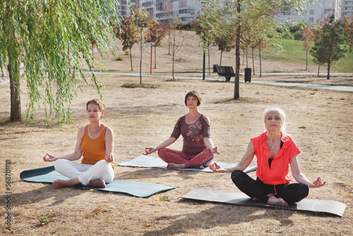 Active senior women in yoga pose, zen meditation exercises, training in park. Happy Mature female outdoors
