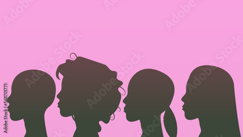 Several women in profile with different hairstyles on a pink background. Women's community. Flat vector illustration