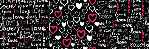 Text love, script cute doodle hand drawn seamless pattern on black background.