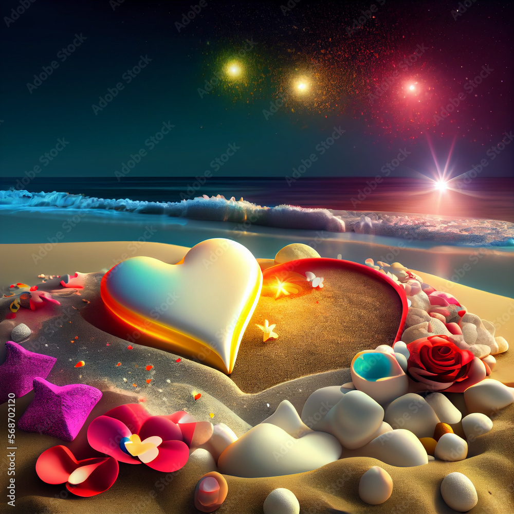 Heart on seaside made of pebbles and rose petals with shining sparks