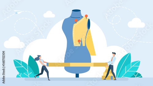 Tiny people with mannequin. Fitting on clothes on mannequin. Process of sewing clothes. Fashion designer, dressmaker, seamstress, sewing workshop, courses, tailoring concept. Flat vector illustration