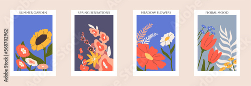 Floral cards set. Interior posters with flowers. Spring plants, wall arts with blooms. Vertical botanical backgrounds with bouquets, frames in modern style. Stylish wallarts. Flat vector illustrations