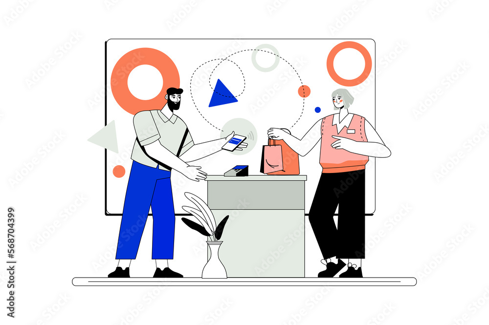 Pay pal line concept with people scene in the flat cartoon style. Man pays for a new purchase through a bank terminal. Pay pal line concept with people scene in the flat cartoon style. Man pays for a new purchase through a bank terminal.