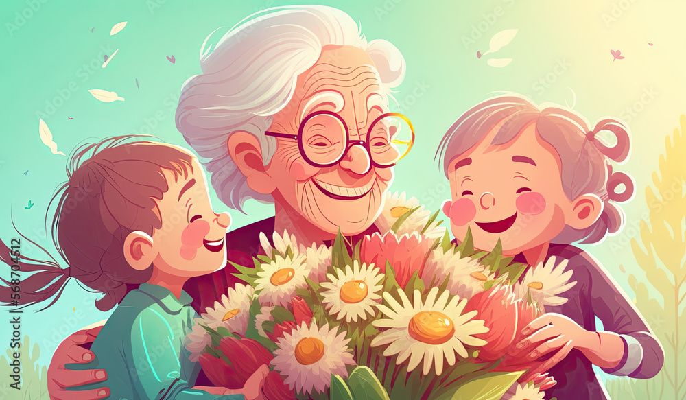 grandchildren give grandma a bouquet of flowers in spring in nature. Cartoon style. Generative AI grandchildren give grandma a bouquet of flowers in spring in nature. Cartoon style. Generative AI