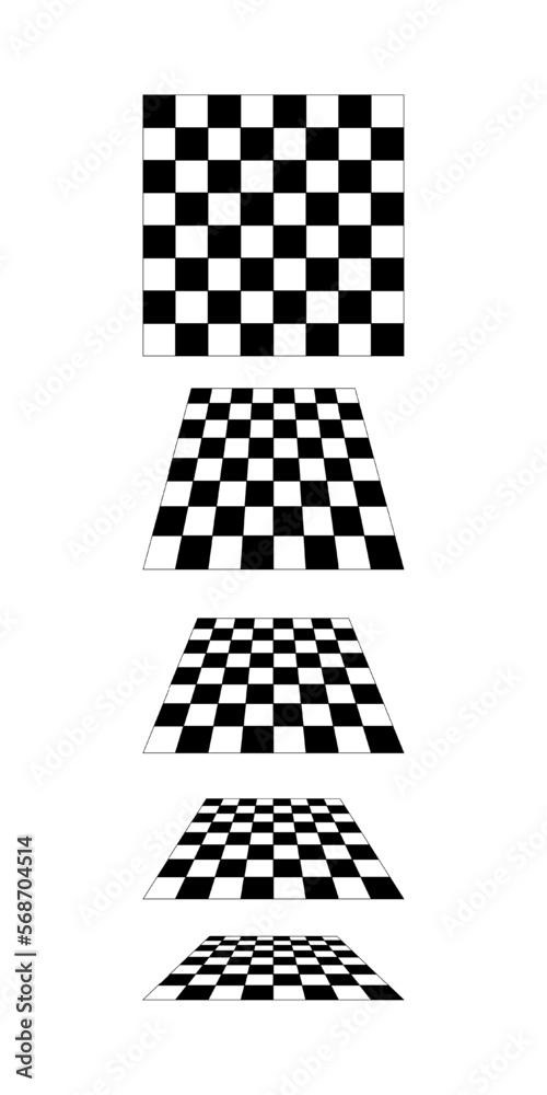 Chessboard plane in perspective isolated on white background. Tiled floor point of view. Sloped checkerboard texture. Inclined board with black and white checkere pattern