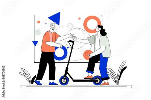 Line concept Ecological transport with people scene in the flat cartoon design. Girl moves around the city on an electronical scooter.